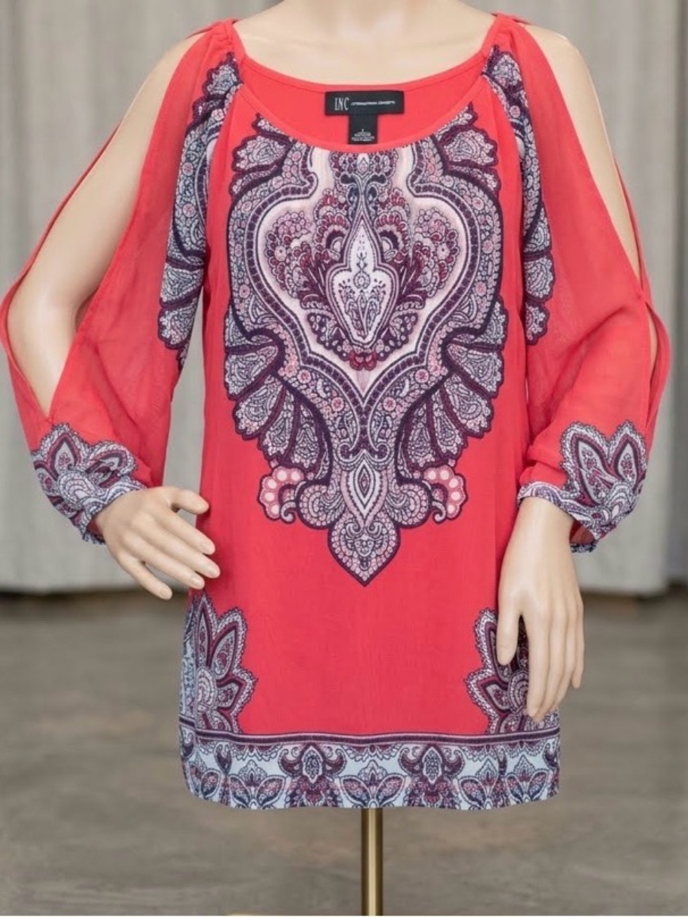 INC International Concepts Coral Cold-Shoulder Paisley Tunic